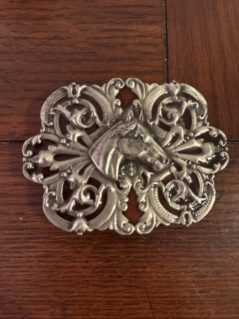 Vtg 1974 Bergamot Brass Works Horse Belt Buckle PEWTER Western